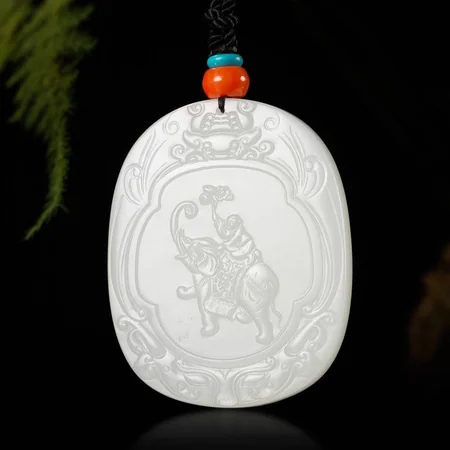 White Hetian Jade Plaque: Elephant, a Wish for Peace, 32.3 g