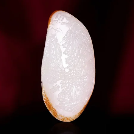 White Hetian Jade Plaque: Exploring the Mountains, 81.2 g