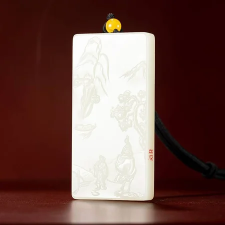 White Hetian Jade Plaque: Farming and Weaving, 58.4 g