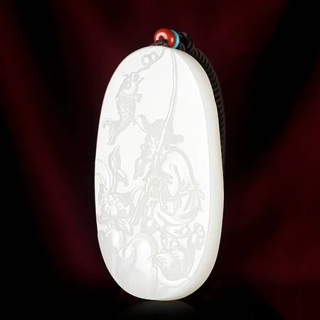 White Hetian Jade Plaque: Fisherman's Good Fortune, 63.5 g