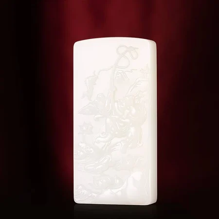White Hetian Jade Plaque: Fisherman's Good Fortune, 90.5 g