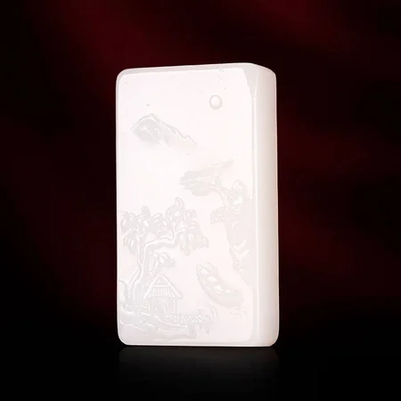 White Hetian Jade Plaque: Fishing Boats at Dusk, 34.2 g