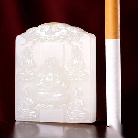 White Hetian Jade Plaque: Five Tathagata Buddhas, 67.6 g