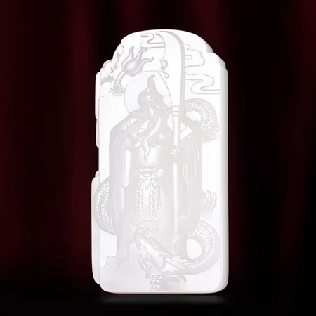White Hetian Jade Plaque: Guan Gong, Loyalty and Honour, 56.1 g
