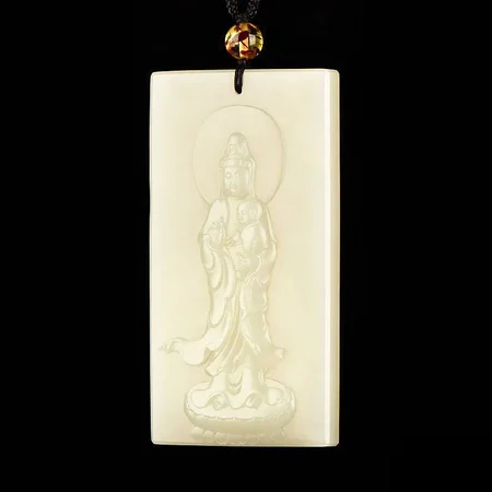 White Hetian Jade Plaque: Guanyin, a Blessing for Children, 147.4 g