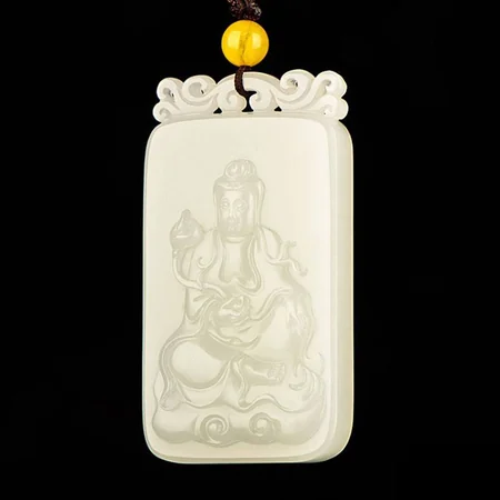 White Hetian Jade Plaque: Guanyin Holding a Lotus, 30.4 g