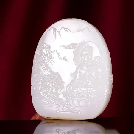 White Hetian Jade Plaque: Guanyin in a Mountain Landscape, 52 g