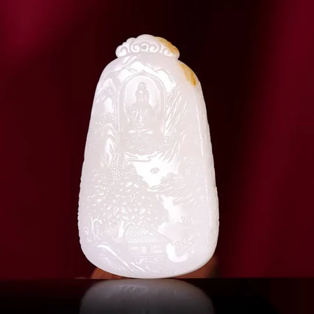White Hetian Jade Plaque: Guanyin in a Mountain Landscape, 70 g