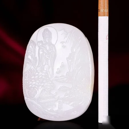 White Hetian Jade Plaque: Guanyin in a Mountain Landscape, 65.8 g
