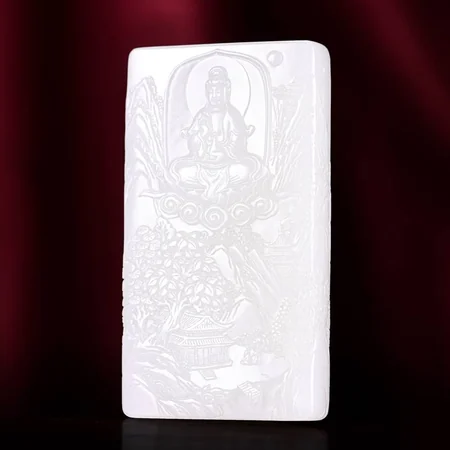 White Hetian Jade Plaque: Guanyin in a Tranquil Landscape, 140 g