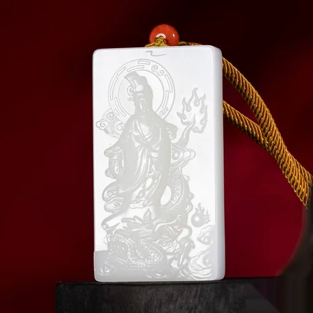 White Hetian Jade Plaque: Guanyin Riding a Dragon, 130 g