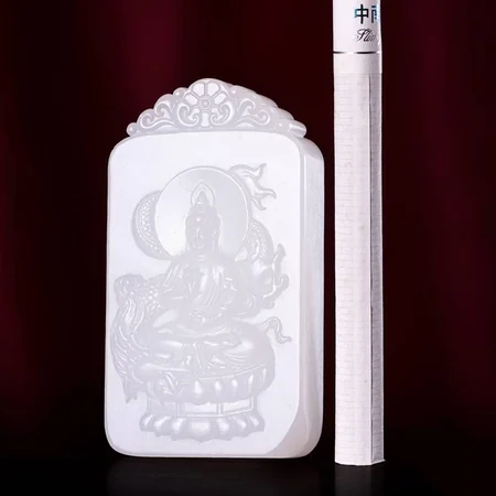 White Hetian Jade Plaque: Guanyin Riding a Dragon, 54.2 g
