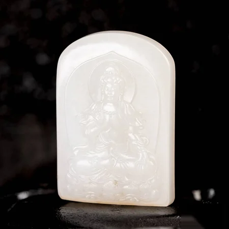 White Hetian Jade Plaque: Guanyin Seated on a Lotus, 29.1 g