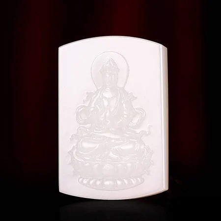 White Hetian Jade Plaque: Guanyin with a Purification Vase, 42.7 g