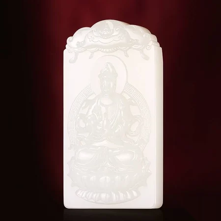 White Hetian Jade Plaque: Guanyin with a Purification Vase, 84 g