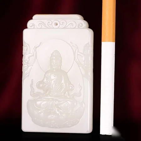 White Hetian Jade Plaque: Guanyin with a Purification Vase, 90 g