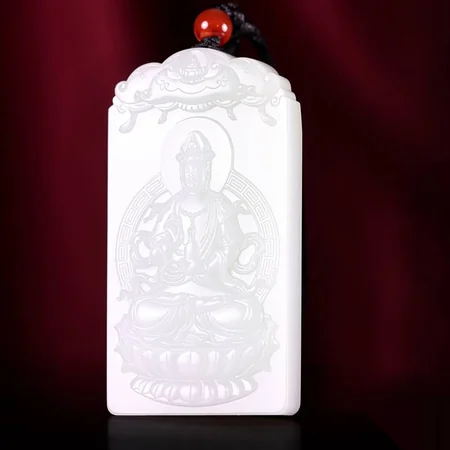 White Hetian Jade Plaque: Guanyin with a Purification Vase, 81 g