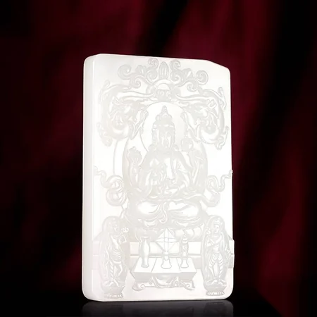 White Hetian Jade Plaque: Guanyin with an Auspicious Dragon, 208.8 g