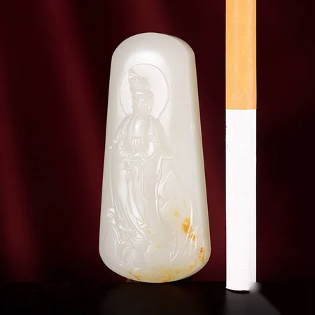White Hetian Jade Plaque: Guanyin with Lotus, 45.1 g