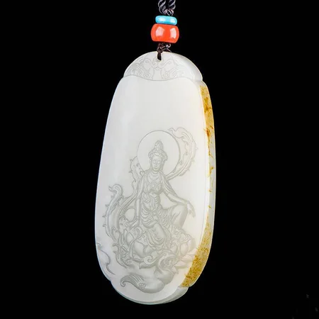 White Hetian Jade Plaque: Guanyin with Phoenix, 48.7 g
