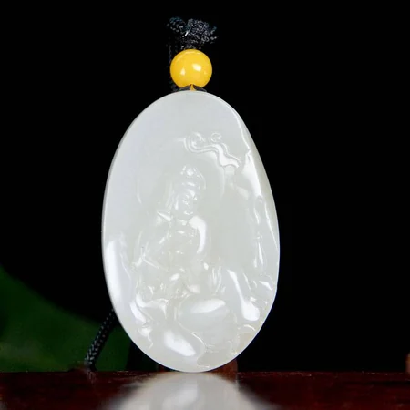 White Hetian Jade Plaque: Guanyin with Ruyi, 38.6 g