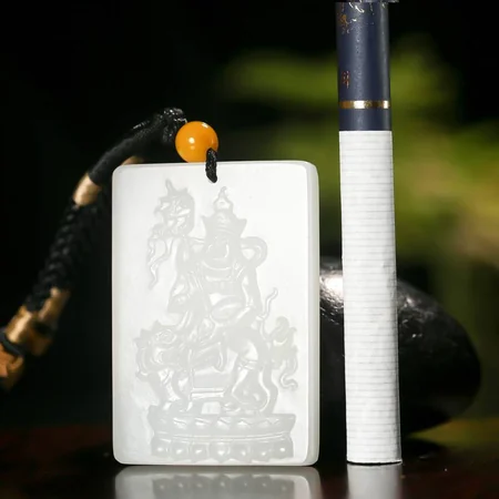 White Hetian Jade Plaque: Heavenly King of Wealth, 23.3 g