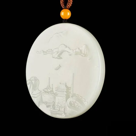 White Hetian Jade Plaque: Jiangnan Landscape, 46.6 g