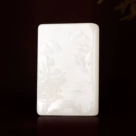 White Hetian Jade Plaque: Jiangnan Rivers and Mountains, 95.7 g