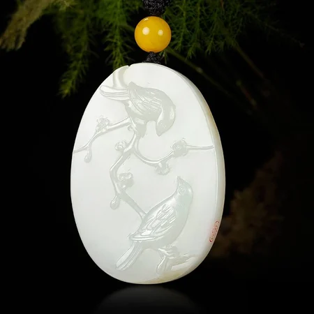 White Hetian Jade Plaque: Joy on the Plum Branch, 52.3 g