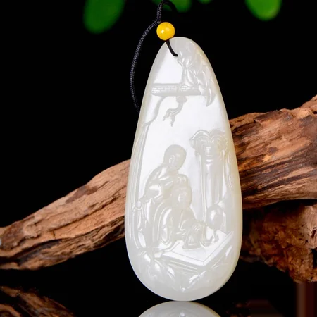 White Hetian Jade Plaque: Lady at Her Dressing Table, 55 g