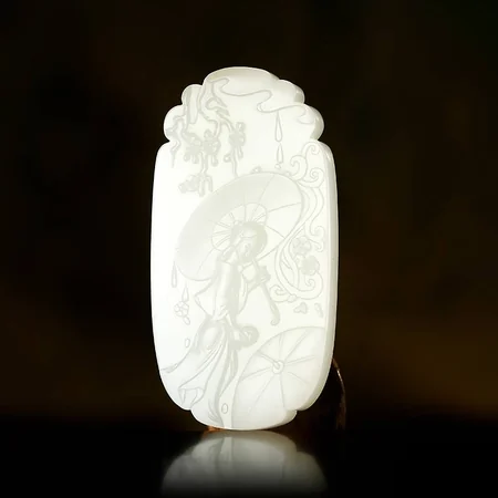 White Hetian Jade Plaque: Lady Beneath a Tree, 51.8 g