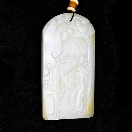 White Hetian Jade Plaque: Lady Playing a Flute, 166.6 g