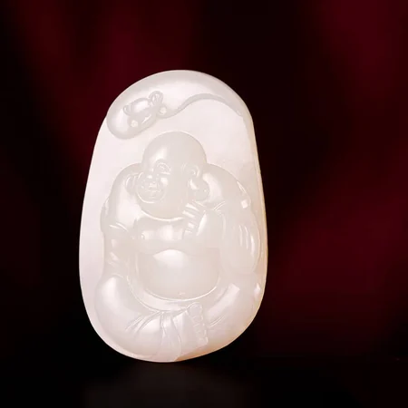 White Hetian Jade Plaque: Laughing Buddha, 34.1 g