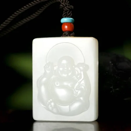 White Hetian Jade Plaque: Laughing Buddha with Ruyi, 28 g