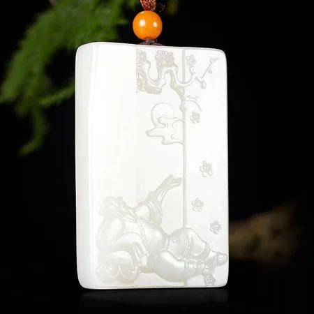 White Hetian Jade Plaque: Li Bai Inviting the Moon, 84.5 g