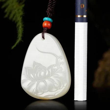 White Hetian Jade Plaque: Lotus, 26 g