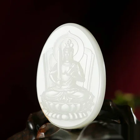 White Hetian Jade Plaque: Manjushri Bodhisattva, 43.1 g