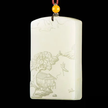 White Hetian Jade Plaque: Mountain Landscape, 84.5 g