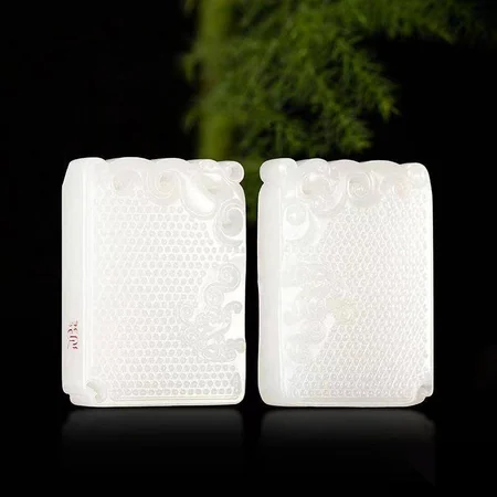 White Hetian Jade Plaque Pair: Dragon and Phoenix Blessing, 69.5 g