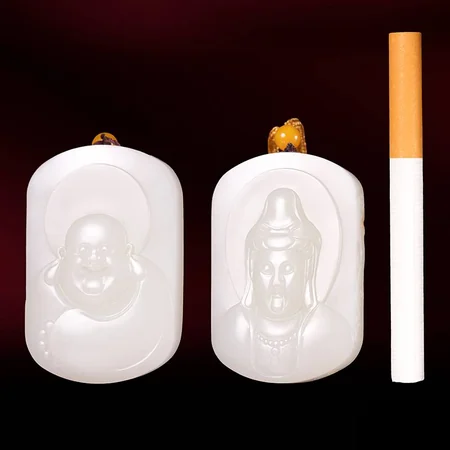 White Hetian Jade Plaque Pair: Guanyin and Laughing Buddha, 98.7 g