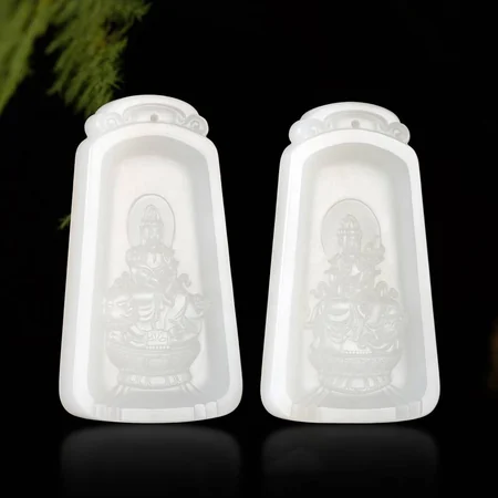 White Hetian Jade Plaque Pair: Manjushri and Samantabhadra, 53.2 g
