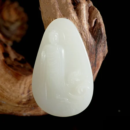 White Hetian Jade Plaque: Paying Homage to Buddha, 18.8 g