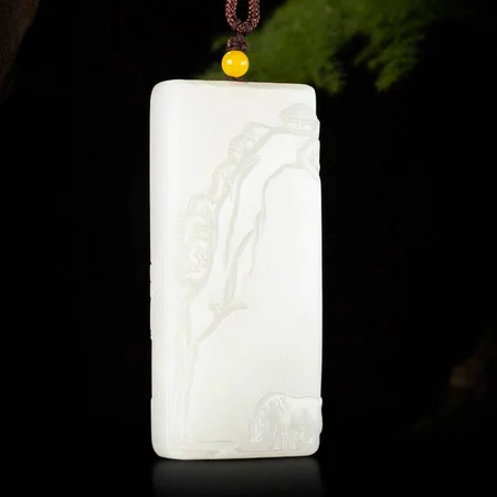 White Hetian Jade Plaque: Peach Blossom Retreat, 86.8 g