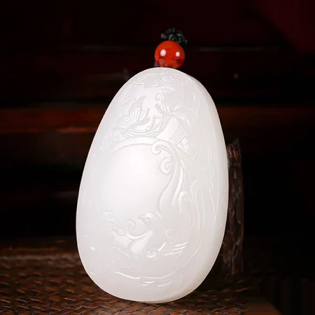 White Hetian Jade Plaque: Phoenix Among Peonies, 62 g