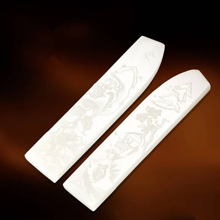 White Hetian Jade Plaque Pair: Picturesque Mountains and Rivers, 76.6 g
