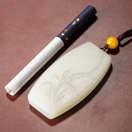 White Hetian Jade Plaque: Spring Orchid, 36.4 g