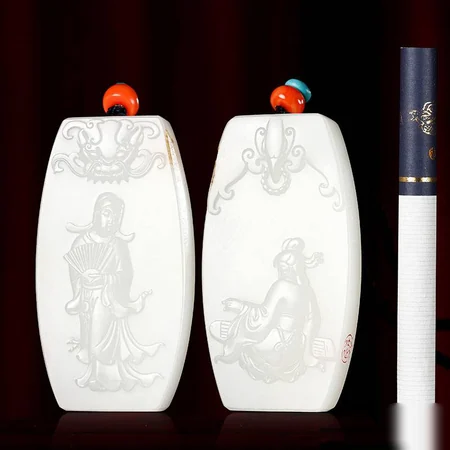 White Hetian Jade Plaque Pair: Talent and Beauty, 95 g