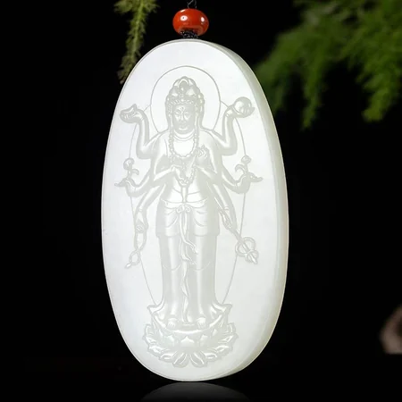 White Hetian Jade Plaque: Thousand-Armed Guanyin, 78.8 g