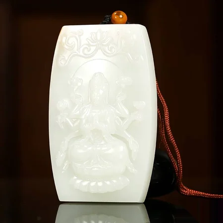 White Hetian Jade Plaque: Thousand-Armed Guanyin, 164 g