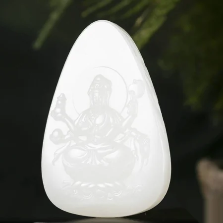 White Hetian Jade Plaque: Thousand-Armed Guanyin, 54.6 g